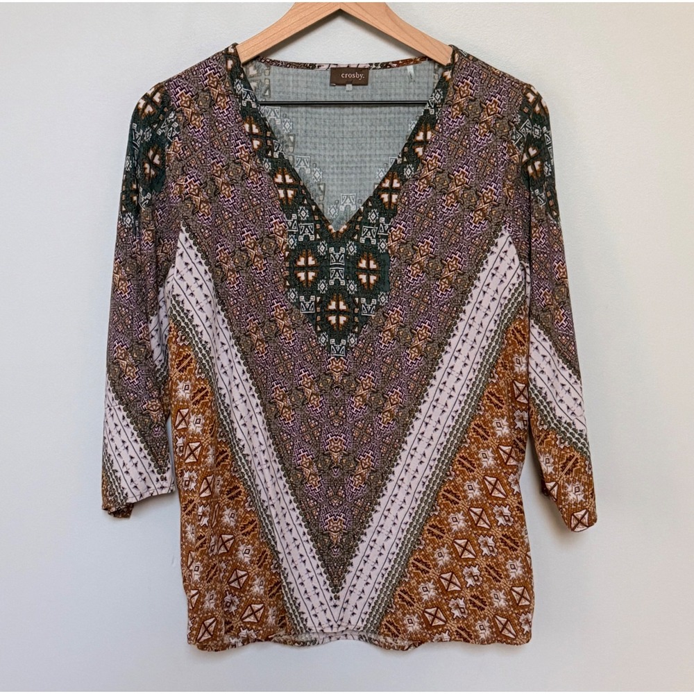 Crosby Womens V-Neck 3/4 Sleeve Geometric Tribal Print Rayon Blouse Multi L